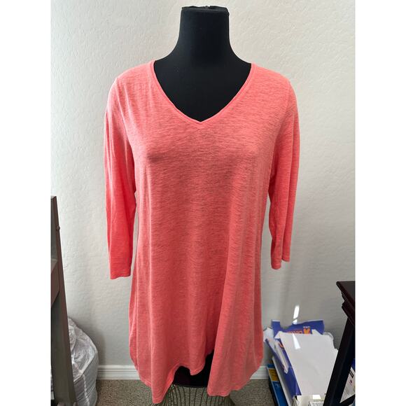 EILEEN FISHER | Coral Orange Organic Cotton Hemp Slub V-Neck Tunic | Medium - Picture 2 of 6